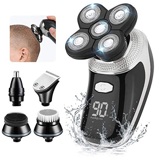 Electric Razor for Men Head Shaver for Bald Men 5 in 1 Rotary Shavers Nose Hair Beard Trimmer Clippers Facial Cleansing Brush Grooming Kit Wet Dry Waterproof LED Display USB Charging Rechargeable …