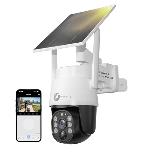 xmartO 4MP QHD Wireless PTZ Solar Security Camera, WiFi 6 5G Dual Band, Wire-Free Easy Installation, No Monthly Fee, OutdoorIndoor Home Use, WallCeilingTreePoleCorner Mount