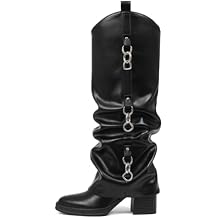 Buckle Knee High Boots Women Fall Slouchy Fold Over Tall Boots - Square Toe Hidden Zipper Motorcycle Boots