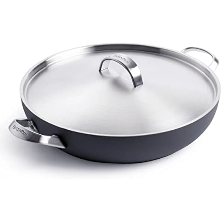 GreenPan Paris Pro Hard Anodized Healthy Ceramic Nonstick, 11 Everyday Frying Pan Skillet with 2 Handles and Stainless Steel Lid, PFAS-Free, Dishwasher Safe, Grey