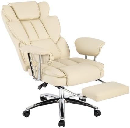 AnyMark Office Chair 500LBS, Big and Tall Ergonomic Office Chair with Foot Rest, Leather Computer Desk Chair, Executive Reclining Office Chair with Adjustable High Back (Beige)