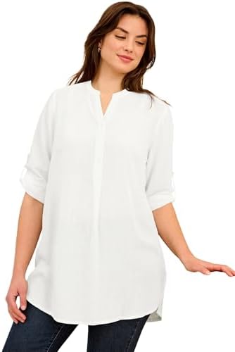 ellos Women's Plus Size Striped Henley Tunic Oversized Long Top Wear with Leggings