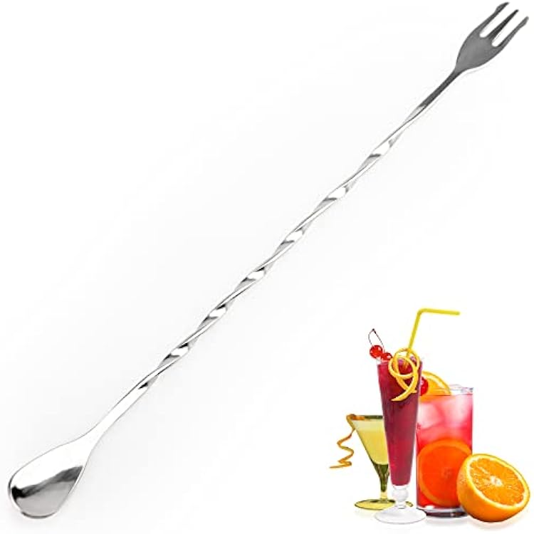 YUNAI Stainless Steel Bar Spoon with Fork End, Twisted Cocktail Mixing Spoon Fork Bar Drink Mixer Stirrer for Bartender Home Bar Restaurant Use, Silver, 1026cm, 2 in 1