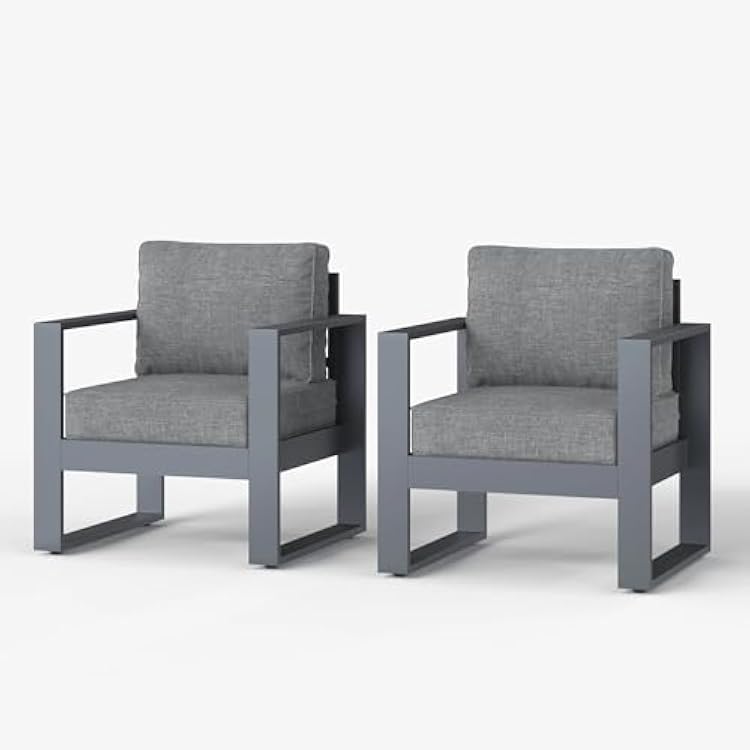 LayinSun Outdoor Patio Aluminum Chair, Metal Modern Armchair Set of 2 with Washable Thick Cushions