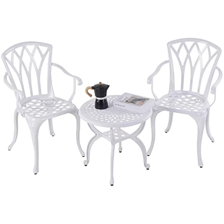 Jardin DE CENTENNAIL 3-Piece Outdoor Bistro Set Cast Aluminum Rust-Resistant Patio Furniture Armchairs Design White