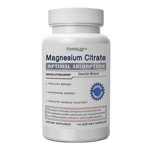 Superior Labs Magnesium Citrate - 100% NonGMO Safe from Additives, Stearates, Gluten and Other Allergens - Powerful Dose for Sleep, Cramps, Twitches - 1,250mg Citrate, 120 Vegetable Caps