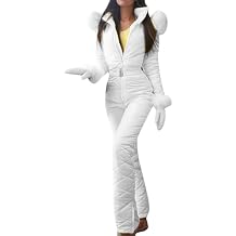 YMING Womens Winter Solid Color Ski Suit Warm Faux Fur Hooded Snowsuits Windproof Jumpsuit Coats with Gloves