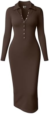 OQQ Womens Long Sleeve Maxi Dress Ribbed Back Slit Button Down Bodycon Soft Going Out Elegant Party Dresses