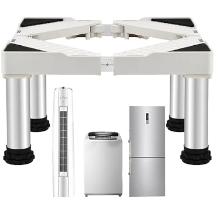 Adjustable Washing Machine Stand Refrigerator Base with 4 Strong Feet Adjustable Length 50-75cm width 42-65cm Height 29-32cm Load 200kg Cabinet Stand Feet for Washer Refrigerator Dryer White