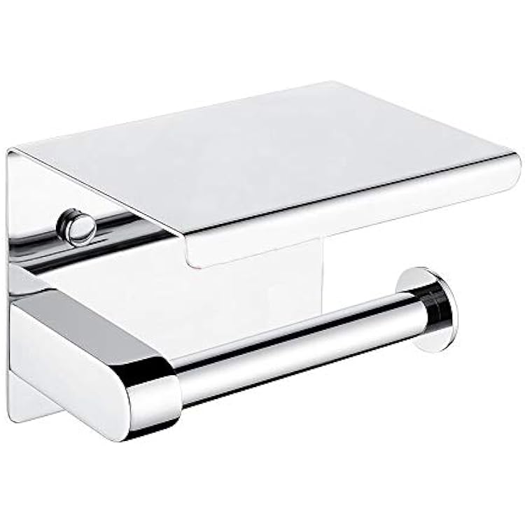 Toilet Paper Holder - Toilet Paper Roll Holder with Shelf, Adhesive No Drilling or Wall Mounted with Screws for Bathroom, It Holds Mega Roll- Stainless Steel Polished Chrome