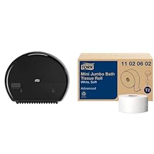 Tork Mini Jumbo Toilet Paper Dispenser, Black - T2 + Refill - Mini Jumbo Bath Tissue Rolls (12), White