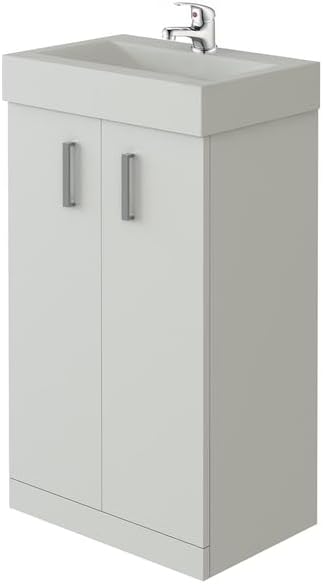 VeeBath Cloakroom Vanity Unit and Basin with Mono Basin Mixer Tap and Waste, Compact Square Bathroom Furniture Set, Ideal for Small Bathrooms and En-Suites in Gloss White, 450mm