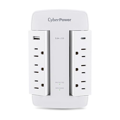 CyberPower CSP600WSURC5 Professional Surge Protector, 900J125V, 6 Swivel Outlets, 1 USB-C Charge Port, Wall Tap Design, White, UL listed