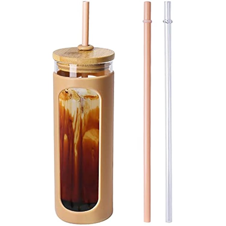 Kodrine 24 oz Glass Water Bottle with Bamboo Straw and Lid, Wide Mouth Water Tumbler,Straw Silicone Protective Sleeve BPA FREE-Amber