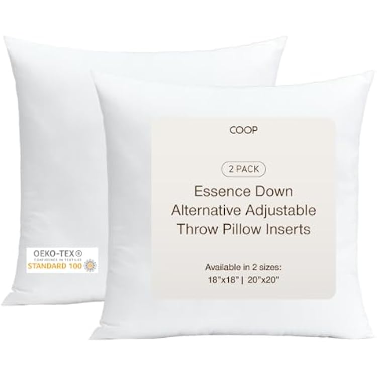 Coop Home Goods Essence Adjustable Throw Pillow Inserts 18x18, Set of 2, Adjustable Down Alternative Cushions for Couch, Bed, or Chair, Decorative Square Pillows for Living Room, Oeko-Tex Certified