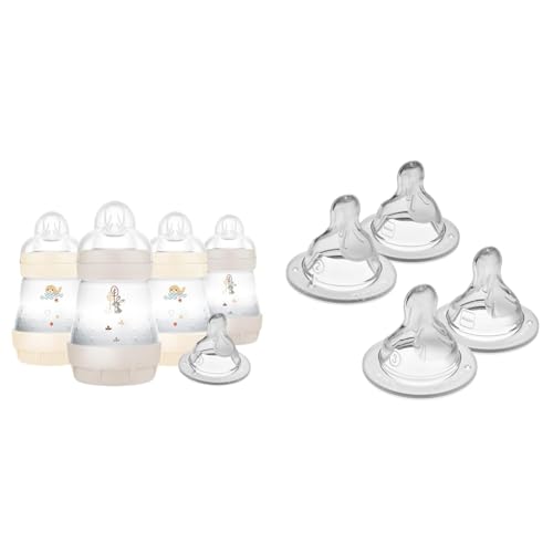 MAM Anti-Colic Baby Bottles, Slow Flow Nipples, with Medium & Fast Flow Nipple 4 Pack for Newborns & Older