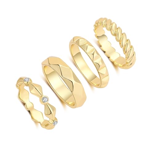 Mytys 4Pcs Gold Plated Stackable Rings Set for Women, Geometric Wedding Band Alternative, Minimalist Statement Rings with CZ, Dainty Fashion Jewelry Gift