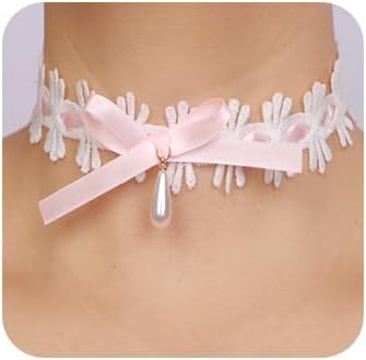 Lolita Lace Bowknot Pearls Pendant Choker Sexy Lace Bowknot Collar Choker Gothic Lace Bow Knotted Choker Vintage Lace Pearls Pendant Necklace Choker Lolita Costume Choker for Teen Girls