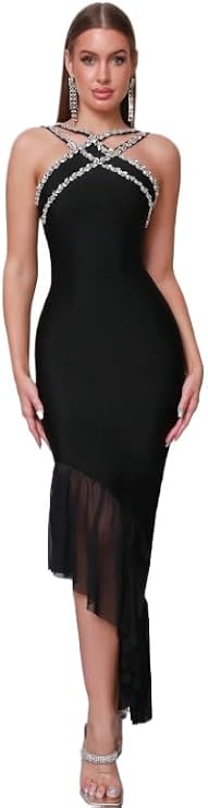 Bandage Dresses Heavy Chain Sexy Dresses Strapless Halter Rhinestone Evening Gowns