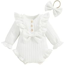 Yoawdats Newborn Baby Girls Ruffle Romper Long Sleeve Bow Decorated Romper Jumpsuit Bodysuit with Headband Set Baby Clothes (White, 0-3 Months)