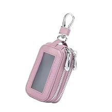 Car Key Case, Double-layer Leather Multifunction Car Remote Case, Key Fob Pouch with Metal Hook, for Men and Women Car Keys (Pink)