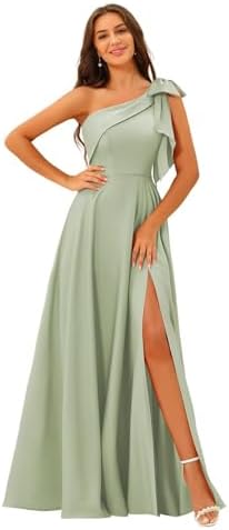 Womens One Shoulder Bridesmaid Dresses with Bow Long Prom Dress with Slit Satin Formal Dresses RA026