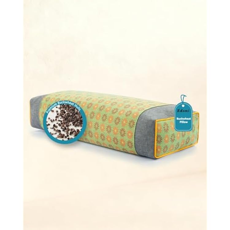 Rectangular Buckwheat Neck Pillows,19.6x9.8 Flat Cervical Support Pillows for Sleeping, Adjustable Buckwheat Hull Filling for Neck Pain Relief, with Floral Pattern Washable Covers,Green