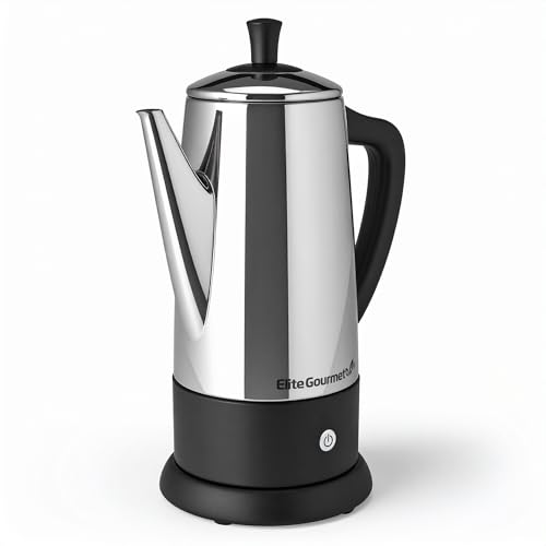 Elite Gourmet 12-Cup Electric Coffee Percolator, Dishwasher Safe Stainless-Steel Filter, Lid & Tube, Keep Warm, 360 Swivel Base Cord-less Serving, Stainless-Steel