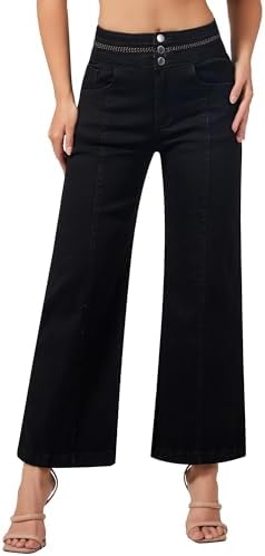 roswear Womens Wide Leg Petite Jeans High Waisted Stretchy Cropped Denim Pants