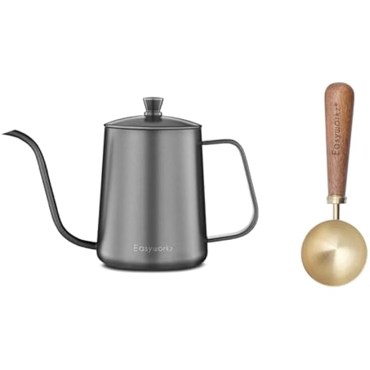 Easyworkz Gage Gooseneck Pour Over Coffee Kettle 12 oz Black, Bundled with Easyworkz Retro Stainless Steel Coffee Spoon With Black Walnut Handle,10g - Measuring Spoon Brushed gold