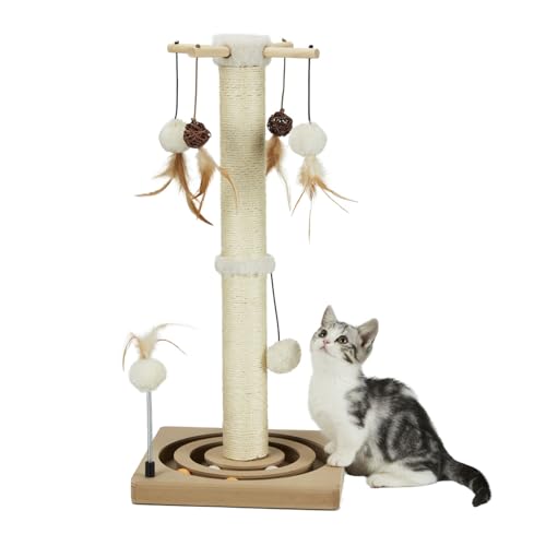 PEEKAB Cat Scratching Post Sisal Scratch Posts for Indoor Cats and Kittens,with Tracking Ball Interactive Toys and Hanging Balls 25 Inches Beige