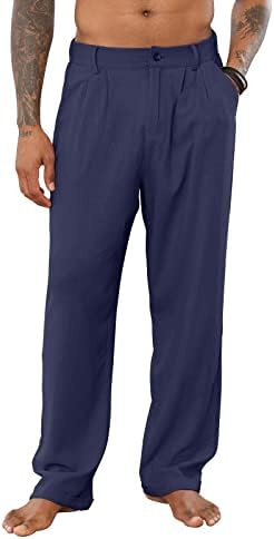 Mens Cotton Linen Pants Elastic Drawstring Waist Trouser Casual Loose Fit Yoga Beach Pants