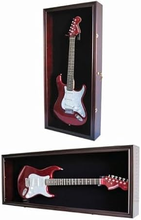 DisplayGifts 42" Electric Guitar Display Case Cabinet Shadow Box with Guitar Hanger Stand, Lockable 98% UV Protection Door Black Felt Interior with Mahogany Finish Frame