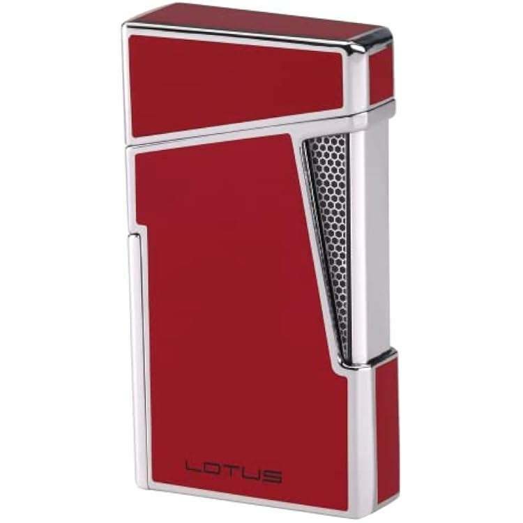Lotus Apollo Cigar Lighter with Double Wind-Resistant Torch Flames, All Metal Housing, Integrated Cigar Punch, Large Flame Adjuster Red Lacquer & Polished Chrome