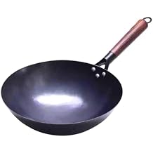 SERENITA Chinese 100% Hand Hammered Iron Woks Stir Fry Pans, Non-stick, No Coating, Less Oil, Black Pre-seasoned (Chrome-Black, 14.2 Inch)