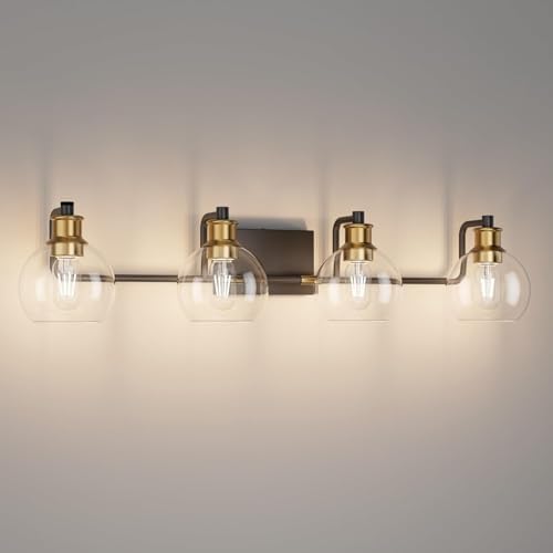 Industrial Bathroom Vanity Light Fixture, 4-Lights, Black with Brass Finish, Clear Glass Globe, Farmhouse Style Wall Sconce