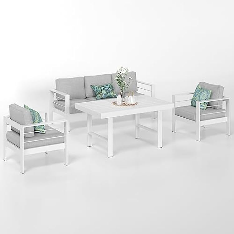Solaste Aluminum Patio Furniture Set, 4 Pcs Modern Outdoor Conversation Set Couch Sofa with Upgrade Cushion and Dining Table,White