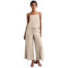 Linen Two Piece Set Women Backless Spaghetti Strap Tank Top Wide Leg Pants Vacation Outfits Going Out Loungewear