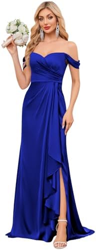 JKMMYO Off The Shoulder Royal Blue Bridesmaid Dresses for Wedding Ruffle Satin Pleated Long Formal Evening Dresses with Slit Size 4