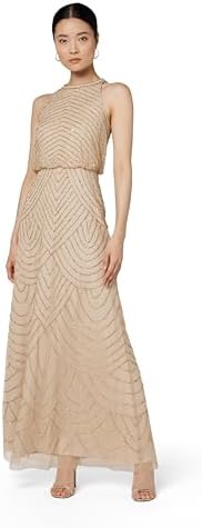 Adrianna Papell Womens Halter Blouson Beaded Gown