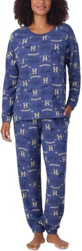 Hogwarts Harry Potter Womens Pajama Set, Long Sleeve Top and Jogger Pants, Navy Blue Print, 2-Piece Lounge Set