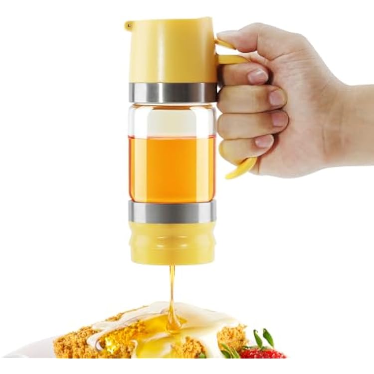 Aelga Glass Honey Dispenser Pot, No Drip 9 OZ Honey Jar with Handle, Syrup Dispenser for Coffee or Tea, Yellow