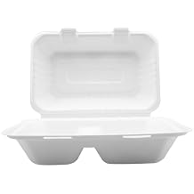 BioGreenChoice 9x6x3 Compostable 2 compartment Fiber Molded/Bagasse Take out Container, Hinged, 250 CT