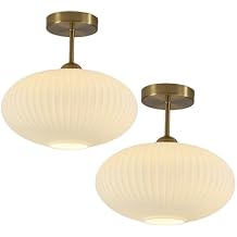 Ribbed Milk Glass Flush Mount Ceiling Light Mid Century Modern Entry Light Fixture White Semi Flush Mount Lights Gold Globe Hallway Ceiling Light (2 Pack)