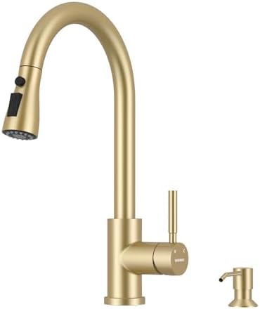 WEWE Kitchen Faucets with Pull Down Sprayer, Stainless Steel Single Handle 1 Hole for Family Kitchen with Gold Soap Dispenser for Kitchen Sink