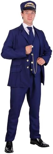 Adult North Pole Train Conductor Costume Mens, Railroad Crew Halloween Outfit, Suited Railway Operator Costume