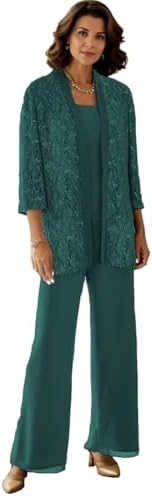 3 Pieces Mother of The Bride Pant Suits Lace Sequin Pant Suit 34 Sleeve Sparkly Formal Pantsuits for Women Dressy