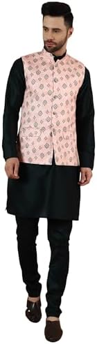 WINTAGE Mens Digital Print Cotton Silk Black Modi Nehru Jacket & Kurta Payjama Set