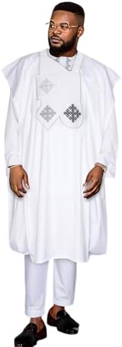 HD African Mens Traditional Heritage Culture 3 Pieces White Outfit Nigerian Man Agbada Embroidery Boubou Caftan Pants Clothes Set 3XL