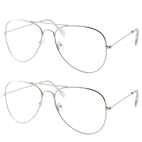 2 Pack | Blue Light UV Blocking Computer Glasses | Retro Aviator Style | Reduce Eye Strain Anti Glare Clear Lens Video Gaming Eyeglasses Men and Women 2 Silver